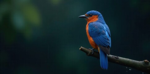 Fototapeta premium Vibrant Blue and Orange Bird Perched on a Dark Branch with Water Droplets