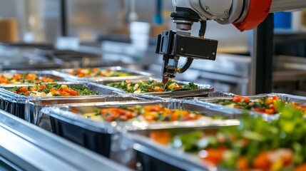 A robotic arm in a next gen food production plant, assembling food packaging with AI precision for sustainable packaging systems, Food-tech style