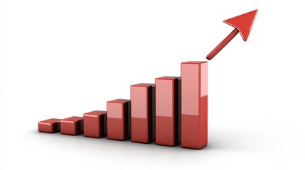 A series of ascending red bars with a prominent red arrow pointing upwards symbolizing growth and progress in business or financial data