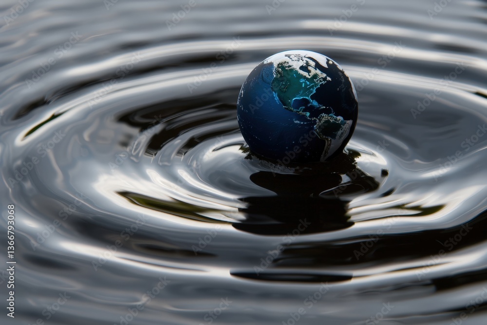 Poster a small globe floats in dark water, creating ripples that suggest movement and tranquility.