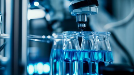 A robotic arm in a pharmaceutical research lab, assembling automated drug-testing equipment with AI precision for scientific innovation, Pharma-tech style