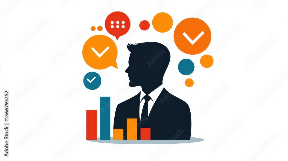 Poster a business consultant figure surrounded by speech bubbles graphs and charts representing data analys