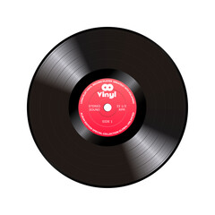 Long play vinyl record with red paper label isolated on white background.