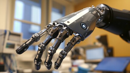 A robotic arm in a precision assembly lab, assembling medical prosthetics with AI precision for custom patient needs, Medical-tech style