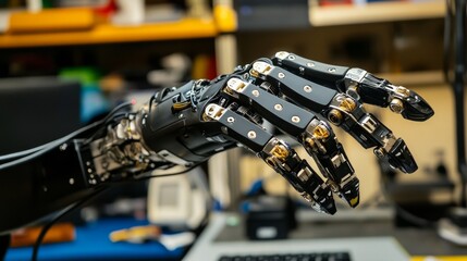 Fototapeta premium A robotic arm in a precision assembly lab, assembling medical prosthetics with AI precision for custom patient needs, Medical-tech style