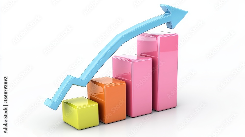 Poster vibrant bar chart displaying an upward trending arrow representing growth progress and positive busi