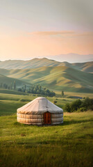 Traditional Yurt Amid Serene Natural Landscape at Sunrise or Sunset, Highlighting Sustainable and Peaceful Lifestyle