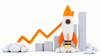 Business Growth and Startup Success Concept with Rocket Launching Over Rising Graph, cartoon rocket launching over rising bar graph symbolizing business growth and success, ideal for  startup.