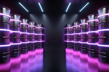 Obraz premium A futuristic corridor lined with metallic barrels illuminated by vibrant pink and blue lights, creating a striking visual effect.