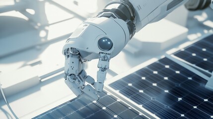 A robotic arm in a renewable energy research lab, assembling photovoltaic cells with AI precision for solar energy systems, Solar-tech style