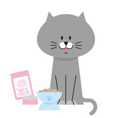 ウエットキャットフードを出されたグレーの猫のイラスト