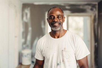 Obraz premium Portrait of a middle aged African American male plastering painter in the living room
