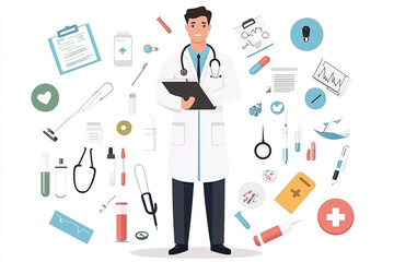 Vector illustration of a doctor with medical tools and elements surrounding him showcasing health care