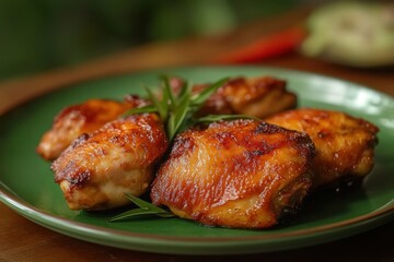 Fototapeta premium Delicious Grilled Chicken Thighs Glazed on Green Plate with Rosemary
