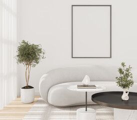 Minimalist living room with white sofa and empty frame