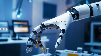 A robotic arm in a smart healthcare facility, assembling robotic prosthetics with AI precision for healthcare applications, Health-tech style