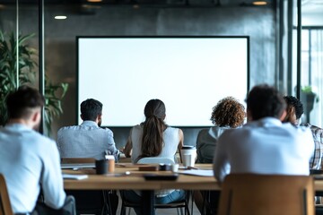 Diverse business team of colleagues meeting at table offline, looking at blank large wall screen with copy space for video conference chat or webinar interface, using online communication technology