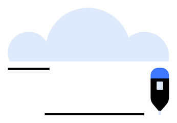 Blue cloud shape above minimal black pen and horizontal lines symbolizing upload, digital storage, and creativity. Ideal for technology, innovation, document management, cloud services, remote work