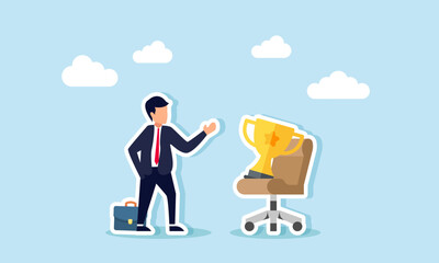 A businessman talks with a trophy placed on an office chair, illustration of business performance evaluation as a leading company