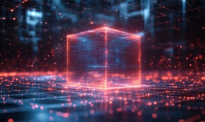 Obraz premium A digital art illustration of a holographic energy field with light rays, a technological grid, and a glowing blue cube symbolizing airflow