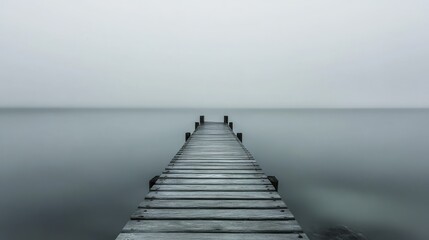 Naklejka premium Misty Lake Pier, Tranquil Calm, Peaceful Scenery, Outdoor View, Perfect for Backgrounds