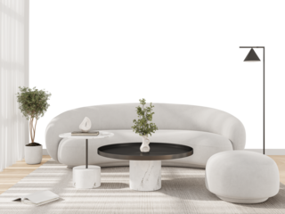 Free PNG wallpaper mockup in Interior Living Room, Modern White Living Room with Stylish Furniture and Natural Light. 3D rendering	
