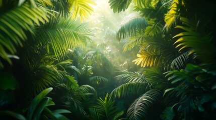 Lush emerald jungle bathed in morning sunlight, a vibrant, mysterious path beckoning deeper into the heart of nature's secret world.