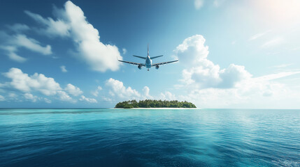 夏のリゾート旅行をイメージした飛行機と島・海・青空と雲が写った写真素材