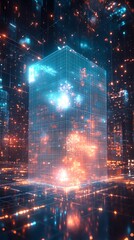 Obraz premium A digital art illustration of a holographic energy field with light rays, a technological grid, and a glowing blue cube symbolizing airflow