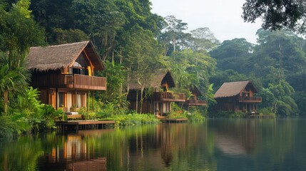 Obraz premium Tranquil retreat by the lake eco-friendly lodges rainforest peaceful setting aerial view nature escape