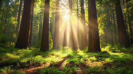 Fototapeta premium Ancient redwood forest with massive towering trees, sun rays streaming through the canopy, lush green undergrowth