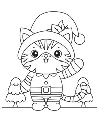 Coloring book tiger celebrating Christmas with a hat, suit, and pine trees