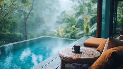 Tranquil mornings with coffee by the pool in a tropical jungle resort