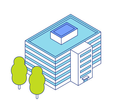 アイソメトリックのオフィスビルイラスト。会社や病院や役所の建物外観イメージ。