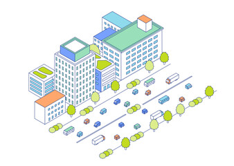 アイソメトリックの街と道路のイラスト。賑やかな通りと道路沿いに立ち並ぶアパートやビルなどの建物。