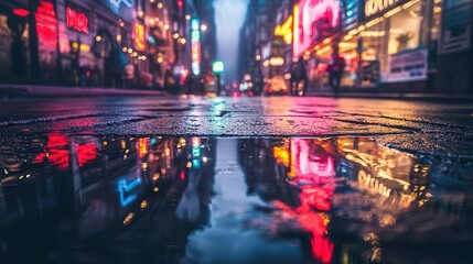 Obraz premium Busy urban street at night with neon lights reflecting off wet pavement, bustling city life and vibrant nightlife