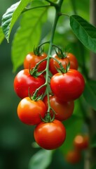 Abundant ripe cherry tomatoes hanging from green leaves, garden bed, closeup