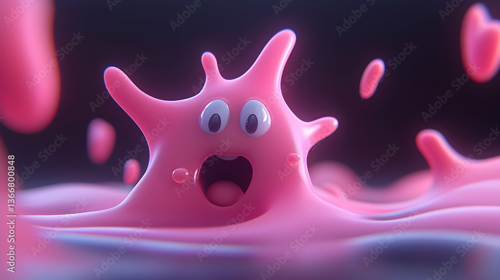 Poster playful pink blob character splashing in dark background
