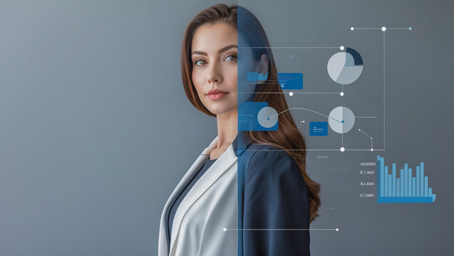 Businesswoman with data analytics graphics overlay..