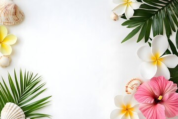 Obraz premium A white background with a pink flower and a shell
