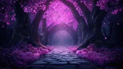 Obraz premium Enchanted forest with purple foliage, glowing flowers, and a soft magical aura, surreal fantasy landscape
