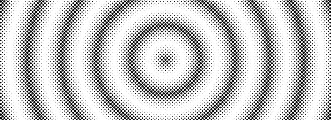 Halftone circle background. Black and white dotted circular gradient. Radial comic target texture. Fading dot epicenter wallpaper concept. Grunge rough round pop art rasterized backdrop. Vector © vika_k
