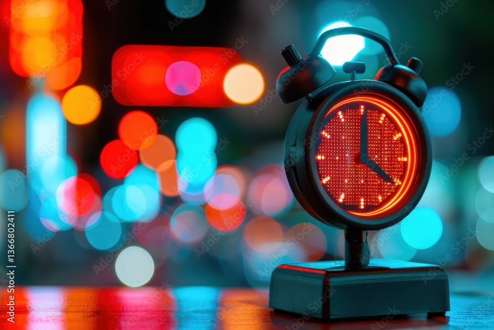 Poster a vibrant alarm clock with glowing red numbers is set against a backdrop of colorful, blurred lights