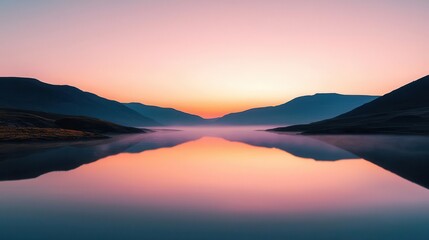 Fototapeta premium Golden hour sky reflecting on a tranquil river, soft pink and purple tones blending with the waters surface
