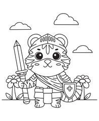 Coloring book tiger knight in armor with a sword and shield, standing between flowers under a cloudy sky