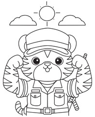 Coloring book tiger police officer flexing muscles in uniform with a cap, under a sunny sky with clouds