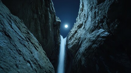 A bright glowing cliff crack where a waterfall glows from within, moonlight shining from directly above
