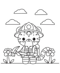Coloring book tiger firefighter with a helmet and axe, standing between flowers under a cloudy sky