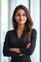 Vertical portrait of happy young business lady of Indian ethnicity standing in confident pose looking at camera. Profile picture of smiling millennial woman office worker consultant manager employee