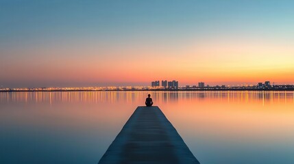 Fototapeta premium Long bridge stretching across a wide river, reflections of city lights shimmering on the water below